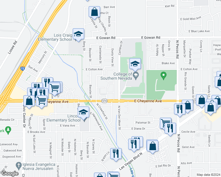 map of restaurants, bars, coffee shops, grocery stores, and more near 2856 East Cheyenne Avenue in North Las Vegas