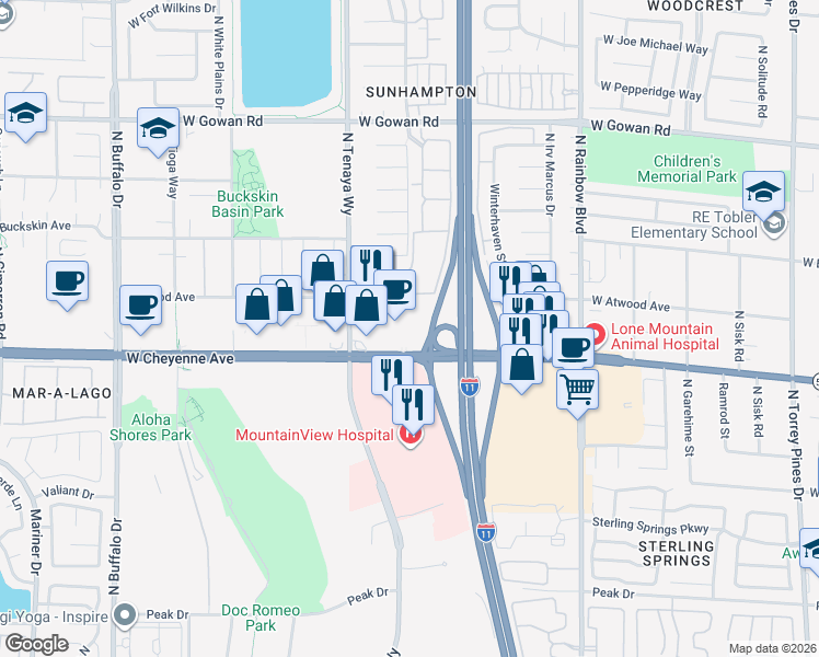 map of restaurants, bars, coffee shops, grocery stores, and more near 3210 North Tenaya Way in Las Vegas