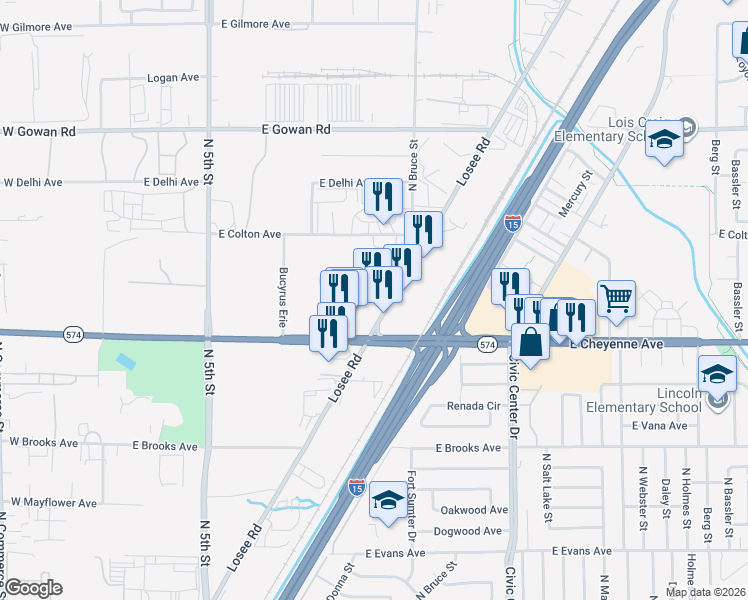 map of restaurants, bars, coffee shops, grocery stores, and more near 3229 Losee Road in North Las Vegas