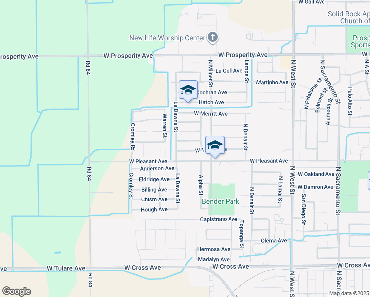 map of restaurants, bars, coffee shops, grocery stores, and more near 2068 West Tyson Avenue in Tulare