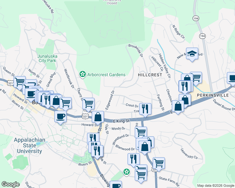 map of restaurants, bars, coffee shops, grocery stores, and more near 710 Tracy Cir in Boone