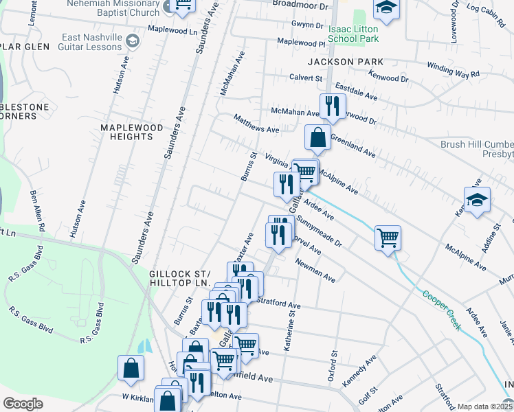 map of restaurants, bars, coffee shops, grocery stores, and more near 3929 Baxter Avenue in Nashville