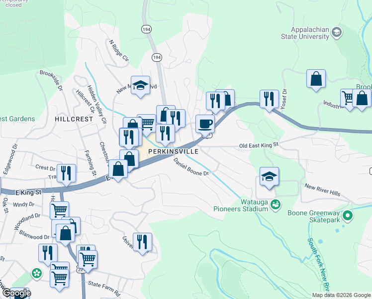 map of restaurants, bars, coffee shops, grocery stores, and more near 1056 East King Street in Boone