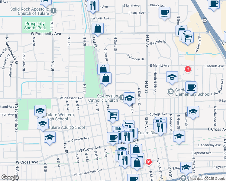 map of restaurants, bars, coffee shops, grocery stores, and more near 753 North Oaks Street in Tulare
