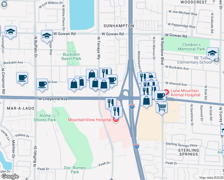 map of restaurants, bars, coffee shops, grocery stores, and more near 3210 North Tenaya Way in Las Vegas