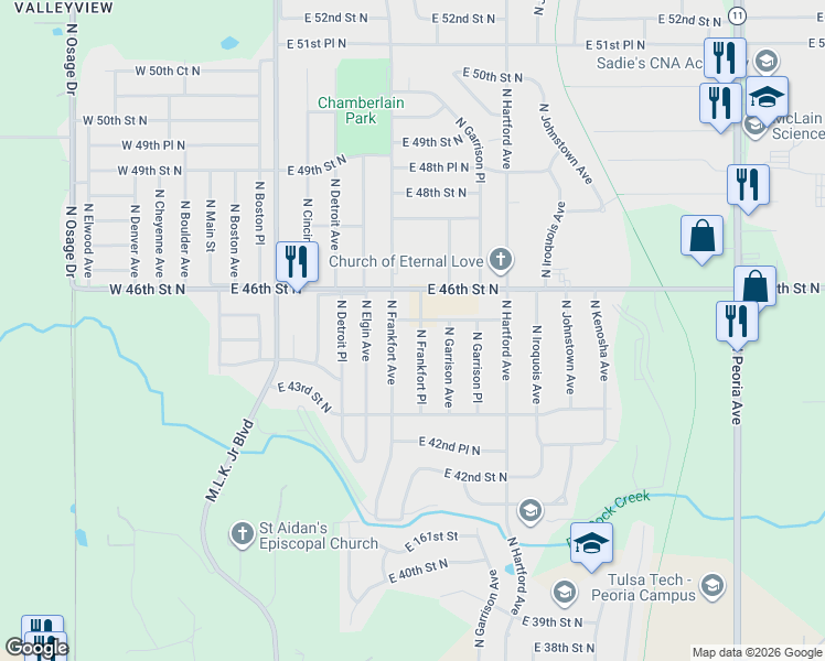 map of restaurants, bars, coffee shops, grocery stores, and more near 4370 North Frankfort Place in Tulsa