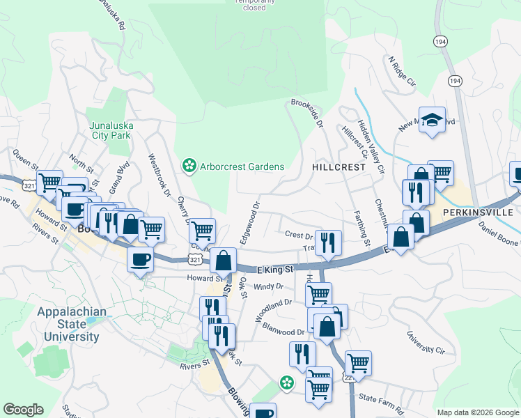 map of restaurants, bars, coffee shops, grocery stores, and more near 710 Tracy Circle in Boone