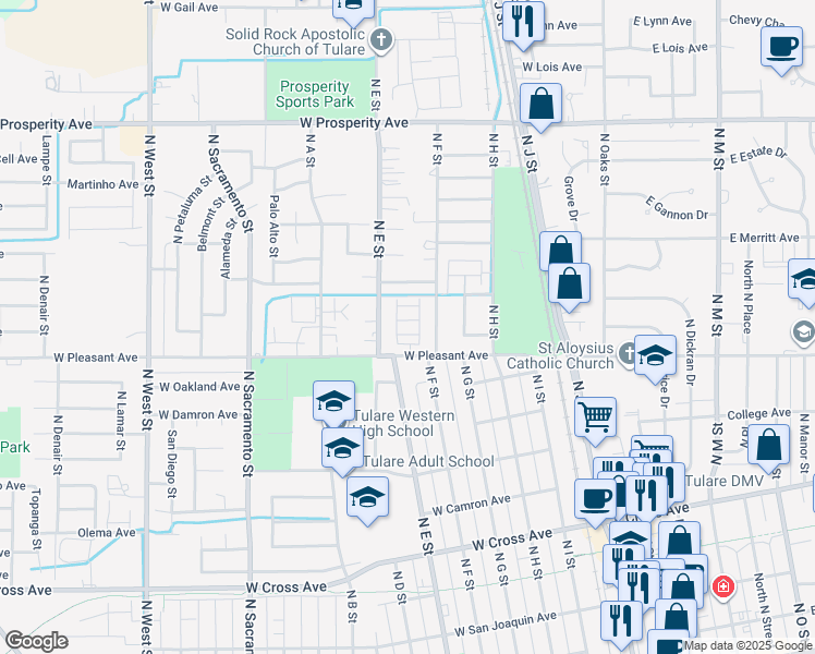 map of restaurants, bars, coffee shops, grocery stores, and more near 560 W Pleasant Ave in Tulare