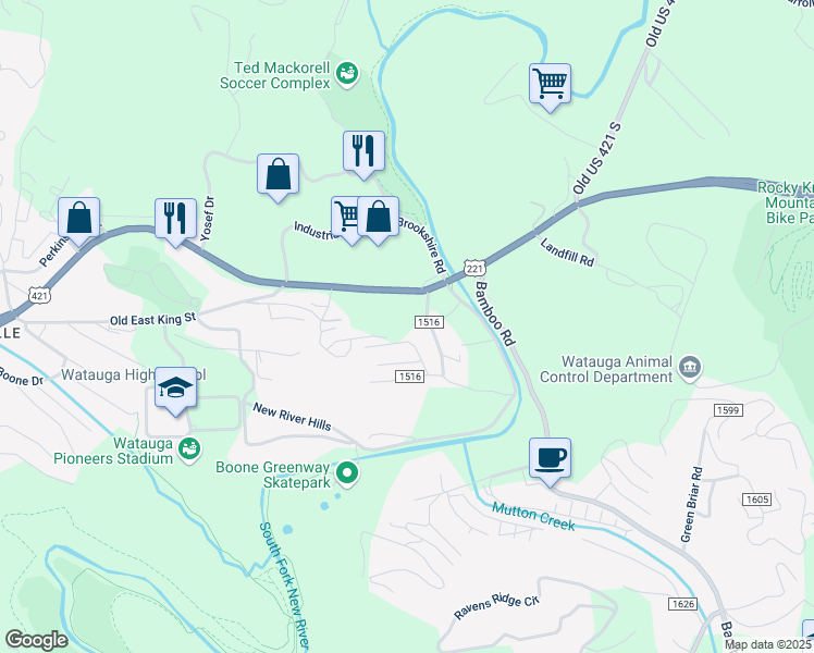 map of restaurants, bars, coffee shops, grocery stores, and more near 201 Hartley Street in Boone