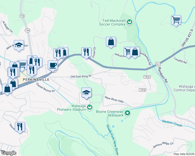 map of restaurants, bars, coffee shops, grocery stores, and more near 173 Cecil Miller Road in Boone