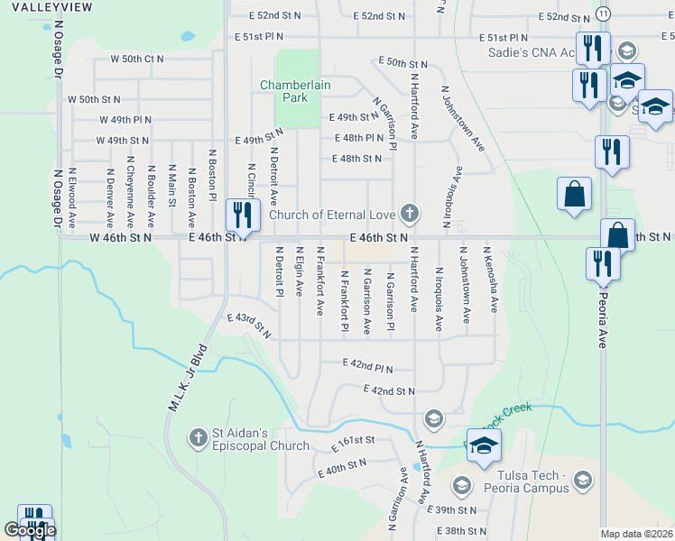 map of restaurants, bars, coffee shops, grocery stores, and more near 4370 North Frankfort Place in Tulsa