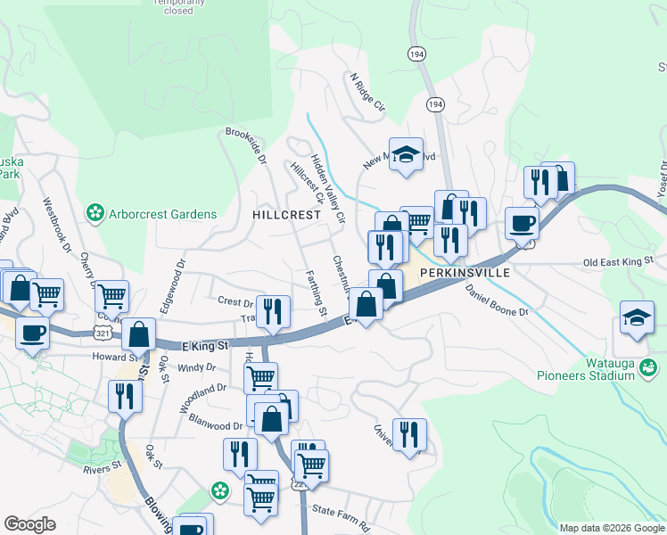 map of restaurants, bars, coffee shops, grocery stores, and more near 231 Chestnut Drive in Boone