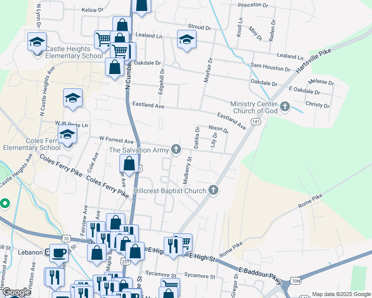 map of restaurants, bars, coffee shops, grocery stores, and more near East Forrest Avenue in Lebanon