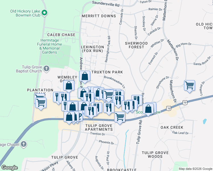 map of restaurants, bars, coffee shops, grocery stores, and more near 1713 Stone Hollow Court in Nashville