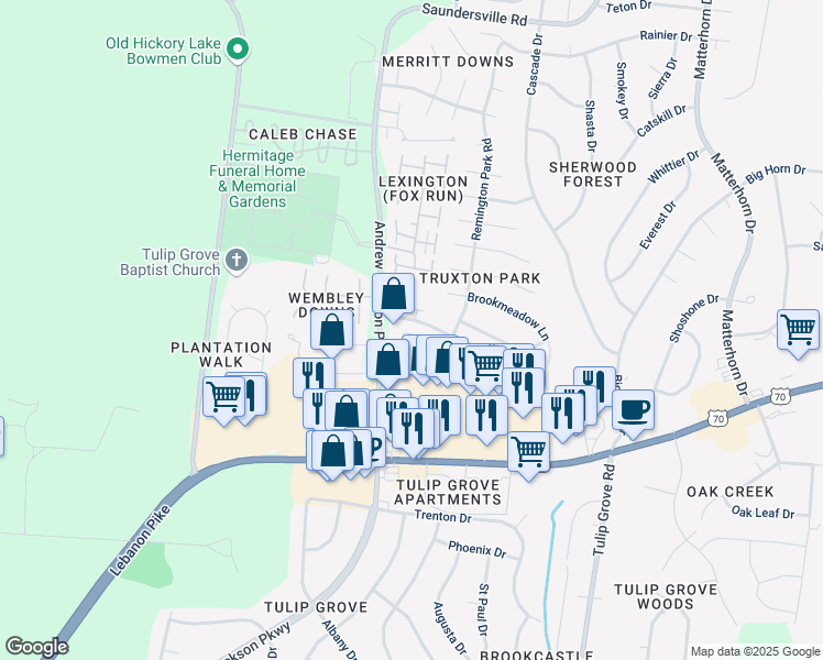 map of restaurants, bars, coffee shops, grocery stores, and more near 529 Griffin Circle in Nashville