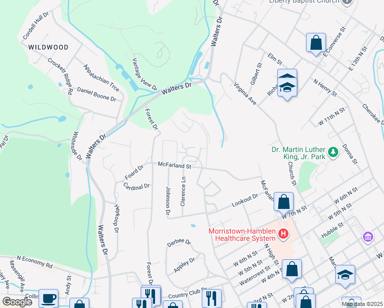 map of restaurants, bars, coffee shops, grocery stores, and more near 1210 Secretariat Drive in Morristown
