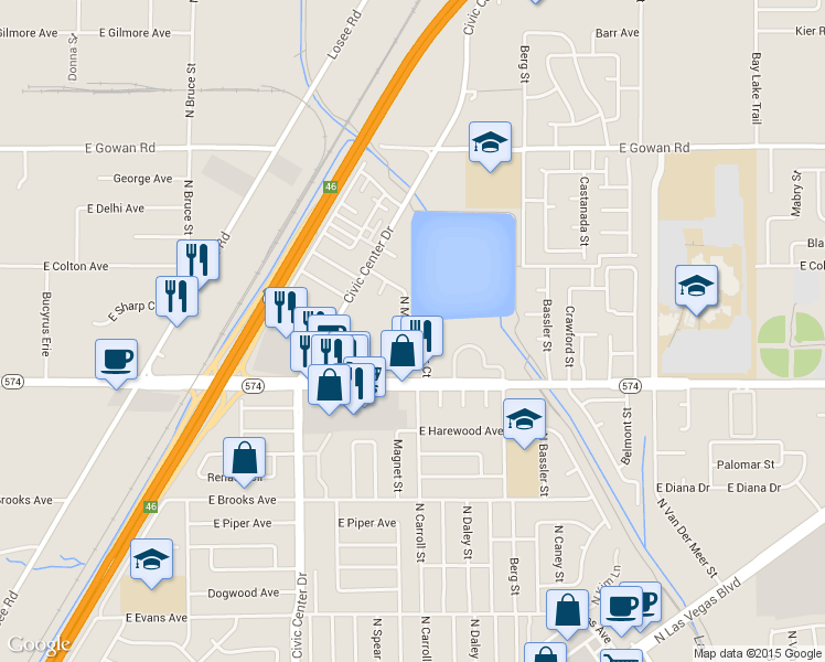 map of restaurants, bars, coffee shops, grocery stores, and more near 3232 Figler Court in North Las Vegas