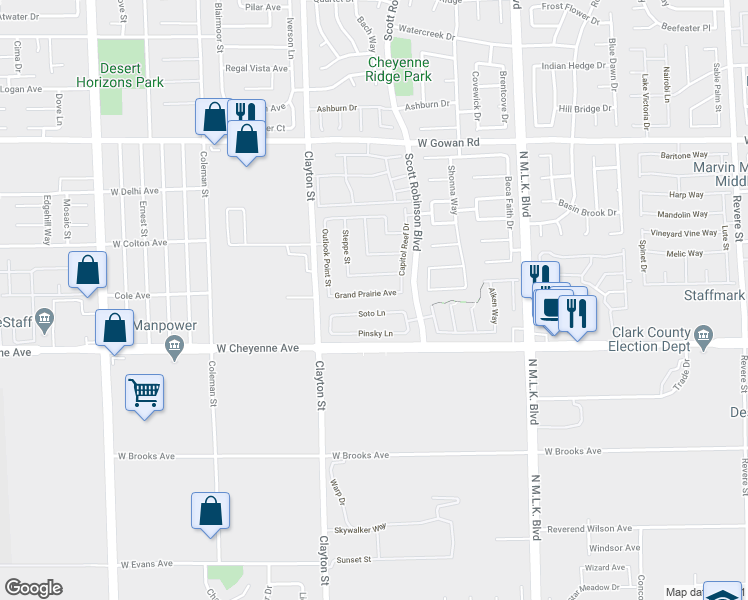 map of restaurants, bars, coffee shops, grocery stores, and more near 1912 Soto Lane in North Las Vegas