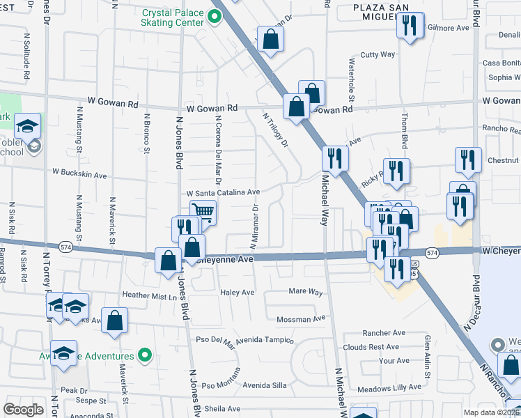 map of restaurants, bars, coffee shops, grocery stores, and more near 3305 North Miramar Drive in Las Vegas