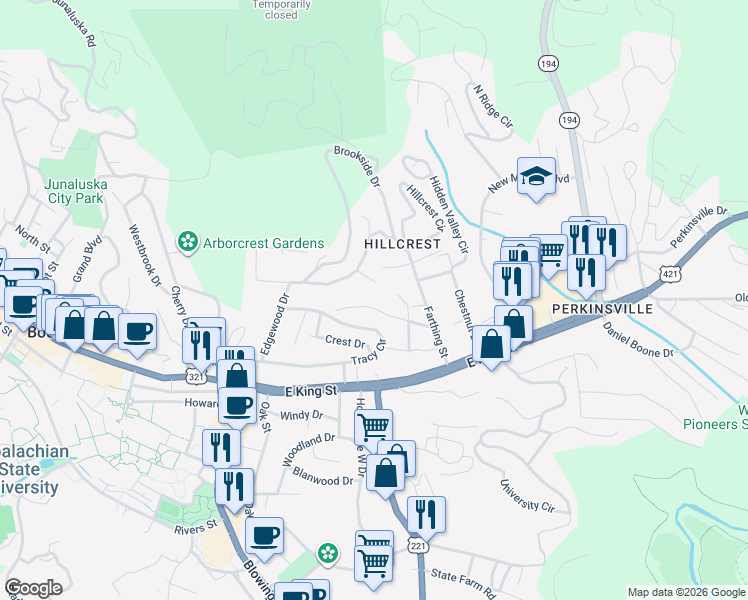 map of restaurants, bars, coffee shops, grocery stores, and more near 240 Watauga Drive in Boone