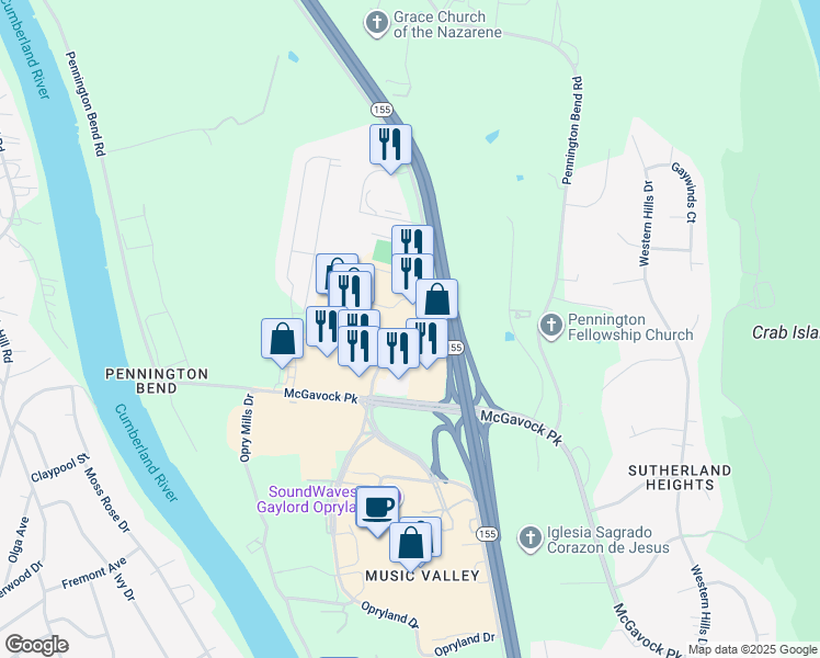 map of restaurants, bars, coffee shops, grocery stores, and more near 2422-2434 Music Valley Drive in Nashville