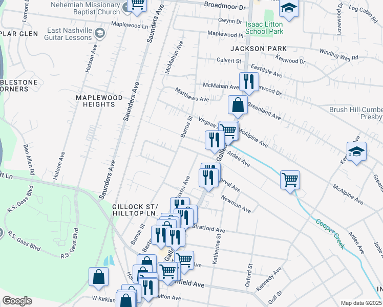 map of restaurants, bars, coffee shops, grocery stores, and more near 3929 Baxter Avenue in Nashville