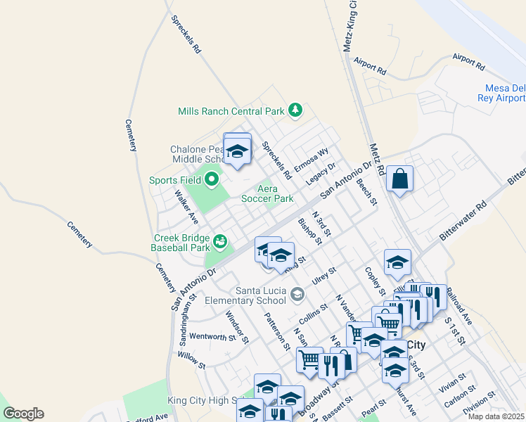 map of restaurants, bars, coffee shops, grocery stores, and more near 623 Sherwood Avenue in King City