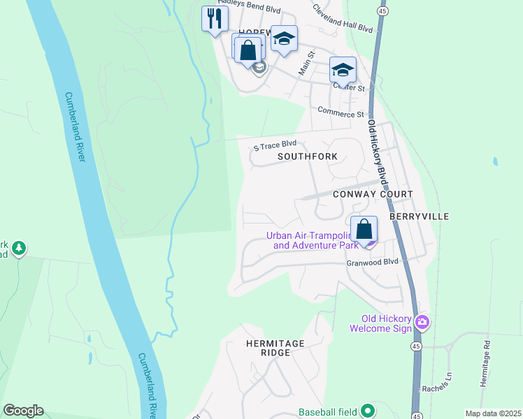 map of restaurants, bars, coffee shops, grocery stores, and more near 5146 Southfork Boulevard in Nashville
