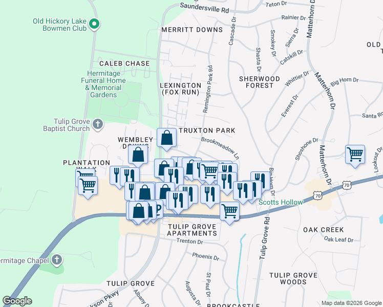 map of restaurants, bars, coffee shops, grocery stores, and more near 500 Griffin Circle in Nashville
