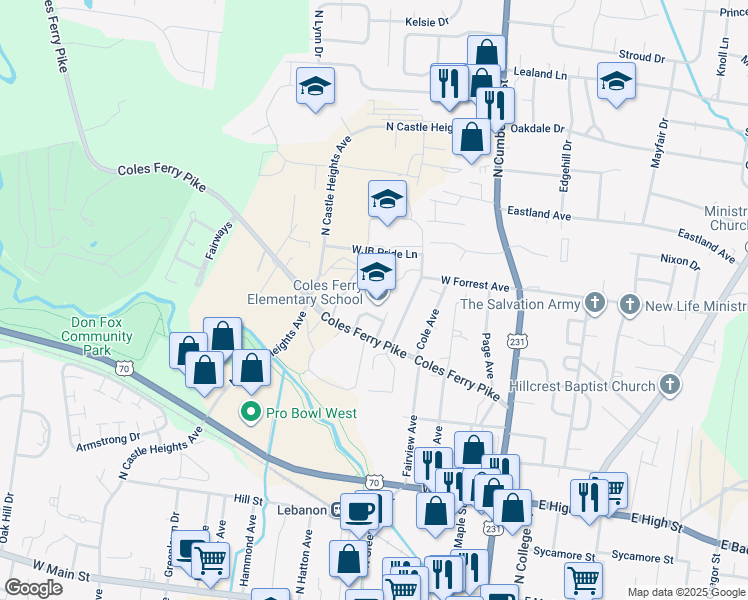 map of restaurants, bars, coffee shops, grocery stores, and more near 511 Coles Ferry Pike in Lebanon