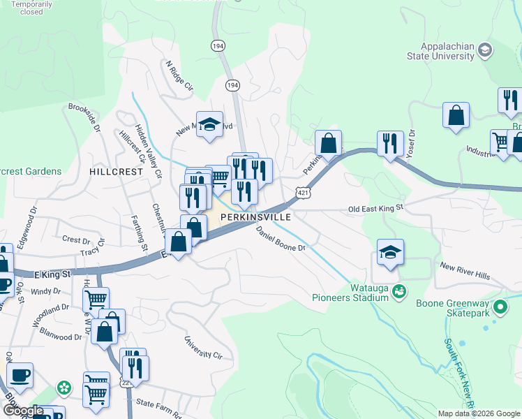 map of restaurants, bars, coffee shops, grocery stores, and more near 1056 E King St in Boone