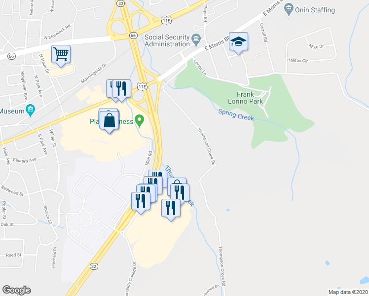map of restaurants, bars, coffee shops, grocery stores, and more near 570 Thompson Creek Road in Morristown