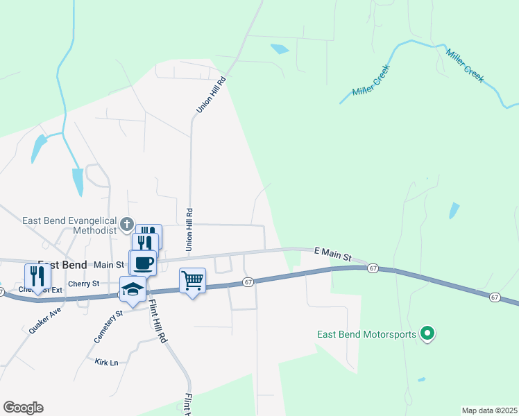map of restaurants, bars, coffee shops, grocery stores, and more near 208 Nina Street in East Bend