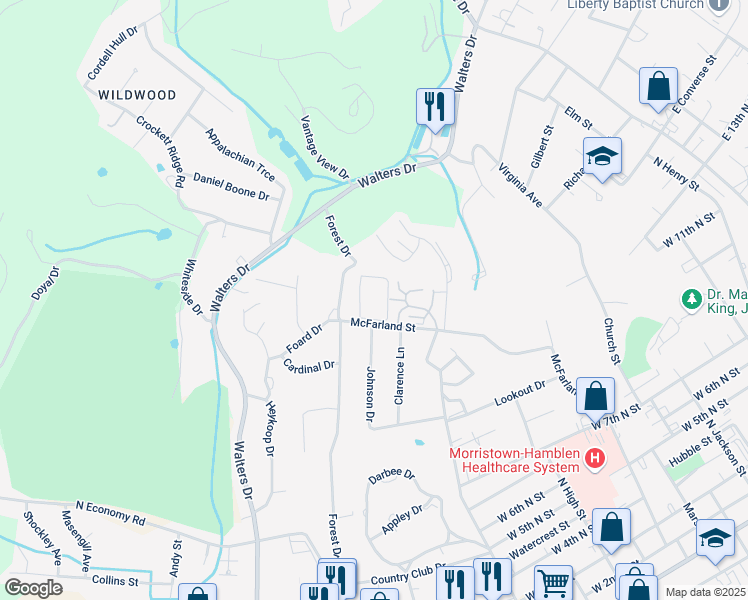 map of restaurants, bars, coffee shops, grocery stores, and more near 1230 McFarland Street in Morristown