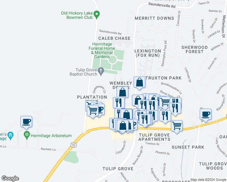 map of restaurants, bars, coffee shops, grocery stores, and more near 1211 Wembley Drive in Nashville