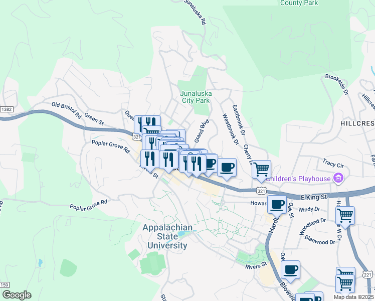 map of restaurants, bars, coffee shops, grocery stores, and more near 171 Grand Boulevard in Boone