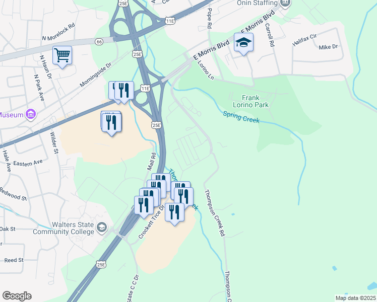 map of restaurants, bars, coffee shops, grocery stores, and more near 570 Thompson Creek Road in Morristown