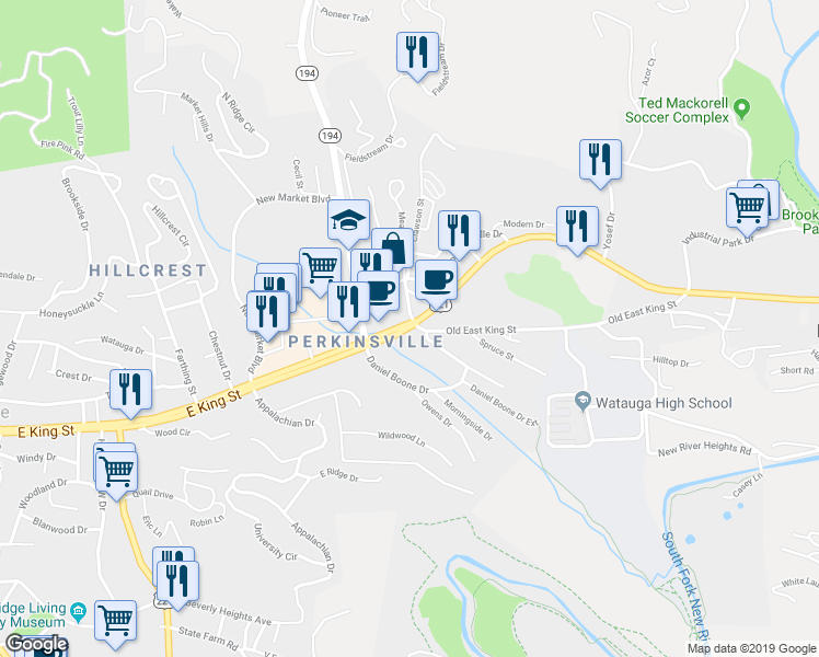 map of restaurants, bars, coffee shops, grocery stores, and more near 1340 East King Street in Boone