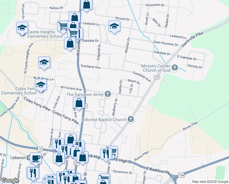 map of restaurants, bars, coffee shops, grocery stores, and more near 317 East Forrest Avenue in Lebanon