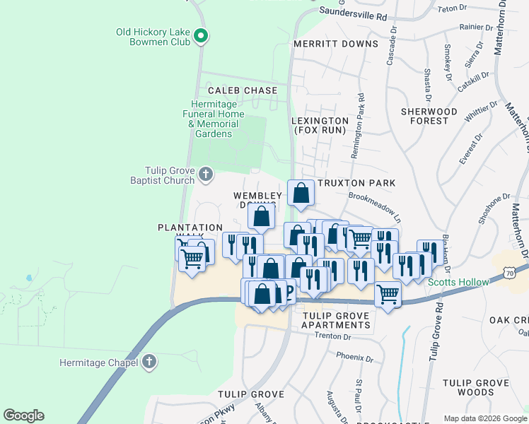 map of restaurants, bars, coffee shops, grocery stores, and more near 136 General Jackson Lane in Nashville