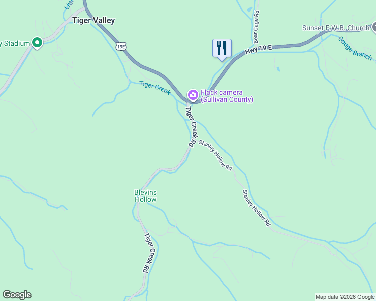 map of restaurants, bars, coffee shops, grocery stores, and more near 226 Tiger Creek Road in Roan Mountain