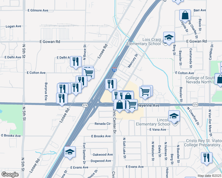 map of restaurants, bars, coffee shops, grocery stores, and more near 3227 Civic Center Drive in North Las Vegas