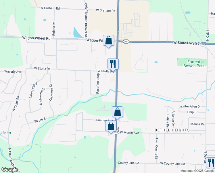 map of restaurants, bars, coffee shops, grocery stores, and more near 3861 Allegheny Terrace in Springdale