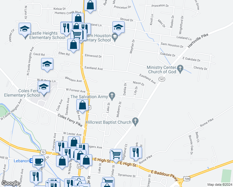 map of restaurants, bars, coffee shops, grocery stores, and more near 315 East Forrest Avenue in Lebanon
