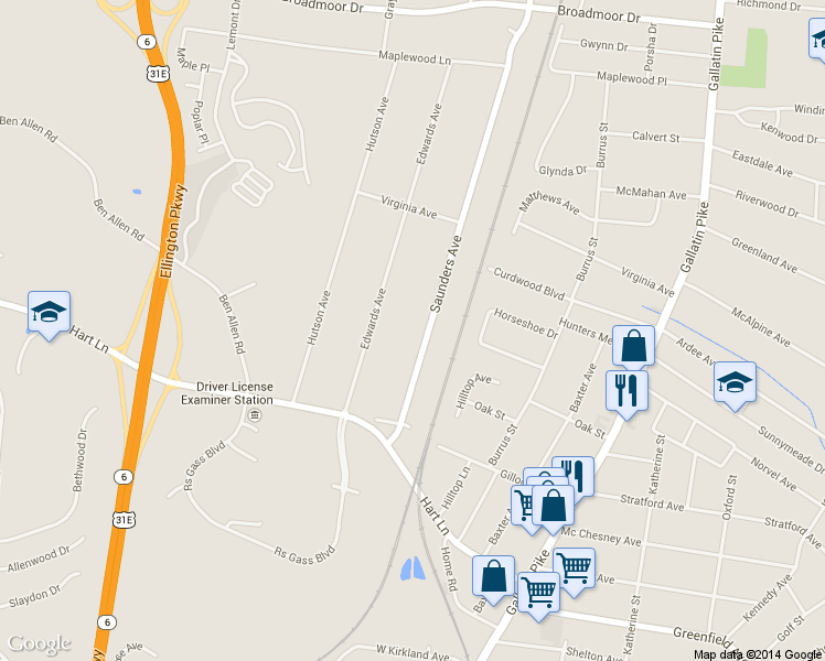 map of restaurants, bars, coffee shops, grocery stores, and more near 3838 Saunders Avenue in Nashville