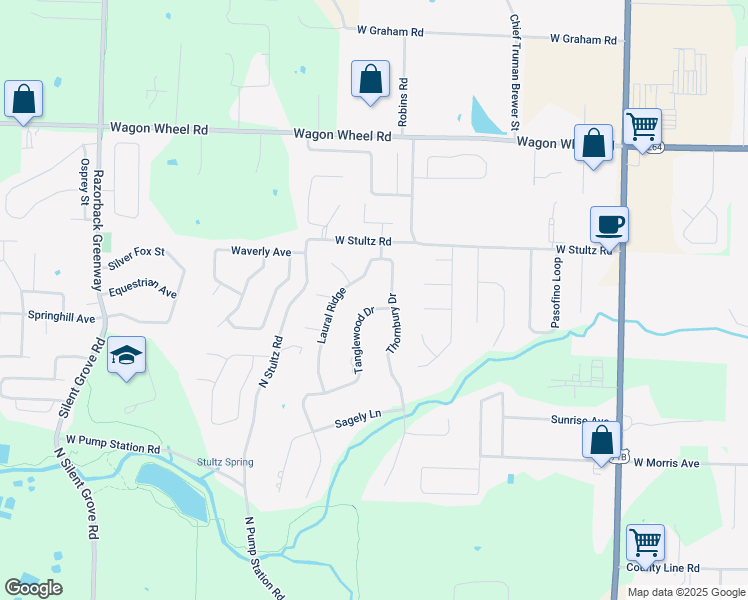 map of restaurants, bars, coffee shops, grocery stores, and more near 3800 Tanglewood Drive in Springdale