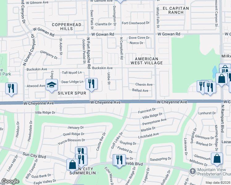 map of restaurants, bars, coffee shops, grocery stores, and more near 9010 West Cheyenne Avenue in Las Vegas