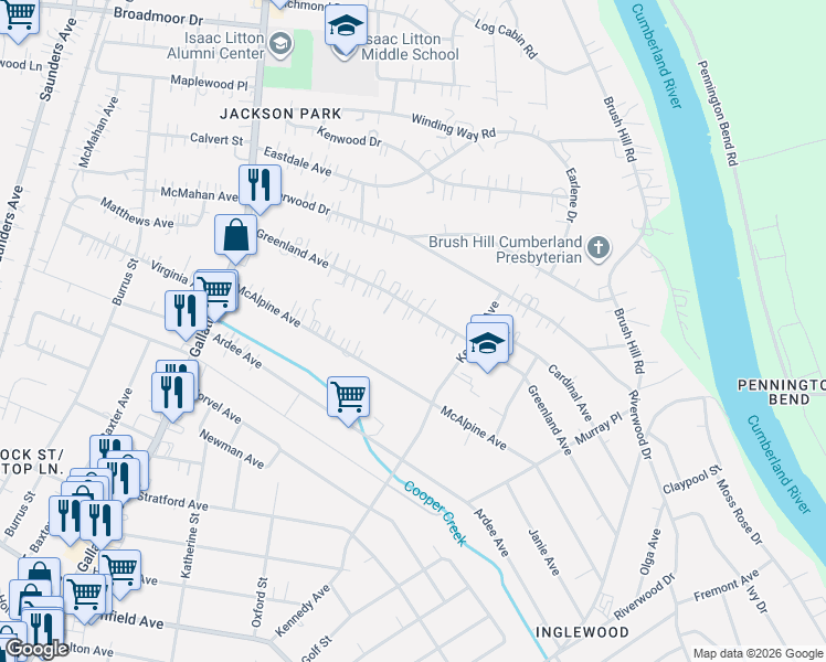 map of restaurants, bars, coffee shops, grocery stores, and more near 1227 McAlpine Avenue in Nashville