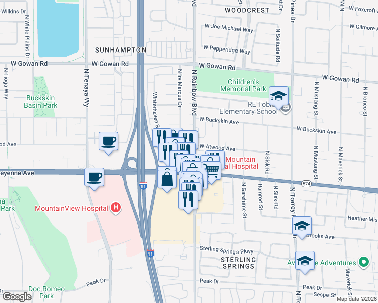 map of restaurants, bars, coffee shops, grocery stores, and more near 6720 West Cheyenne Avenue in Las Vegas