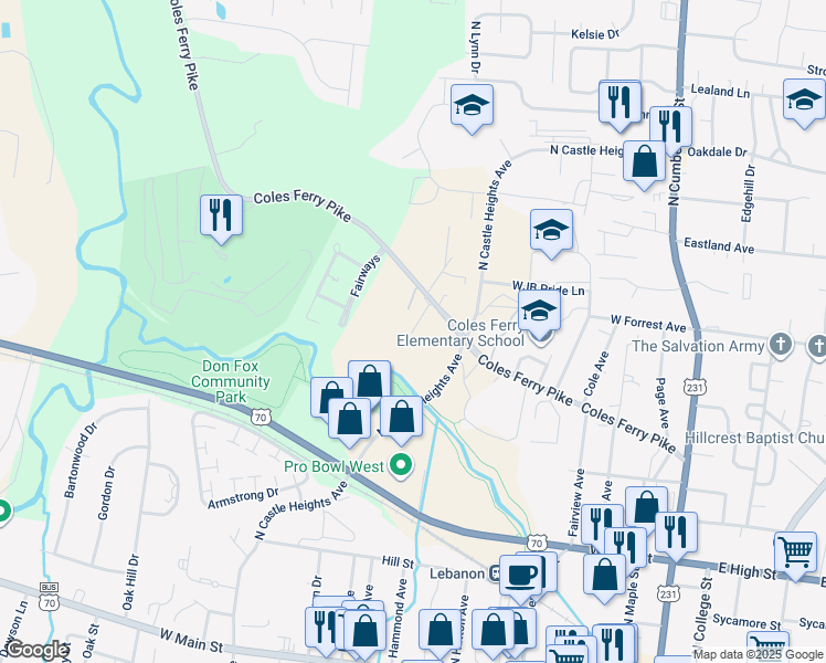map of restaurants, bars, coffee shops, grocery stores, and more near 834 Coles Ferry Pike in Lebanon
